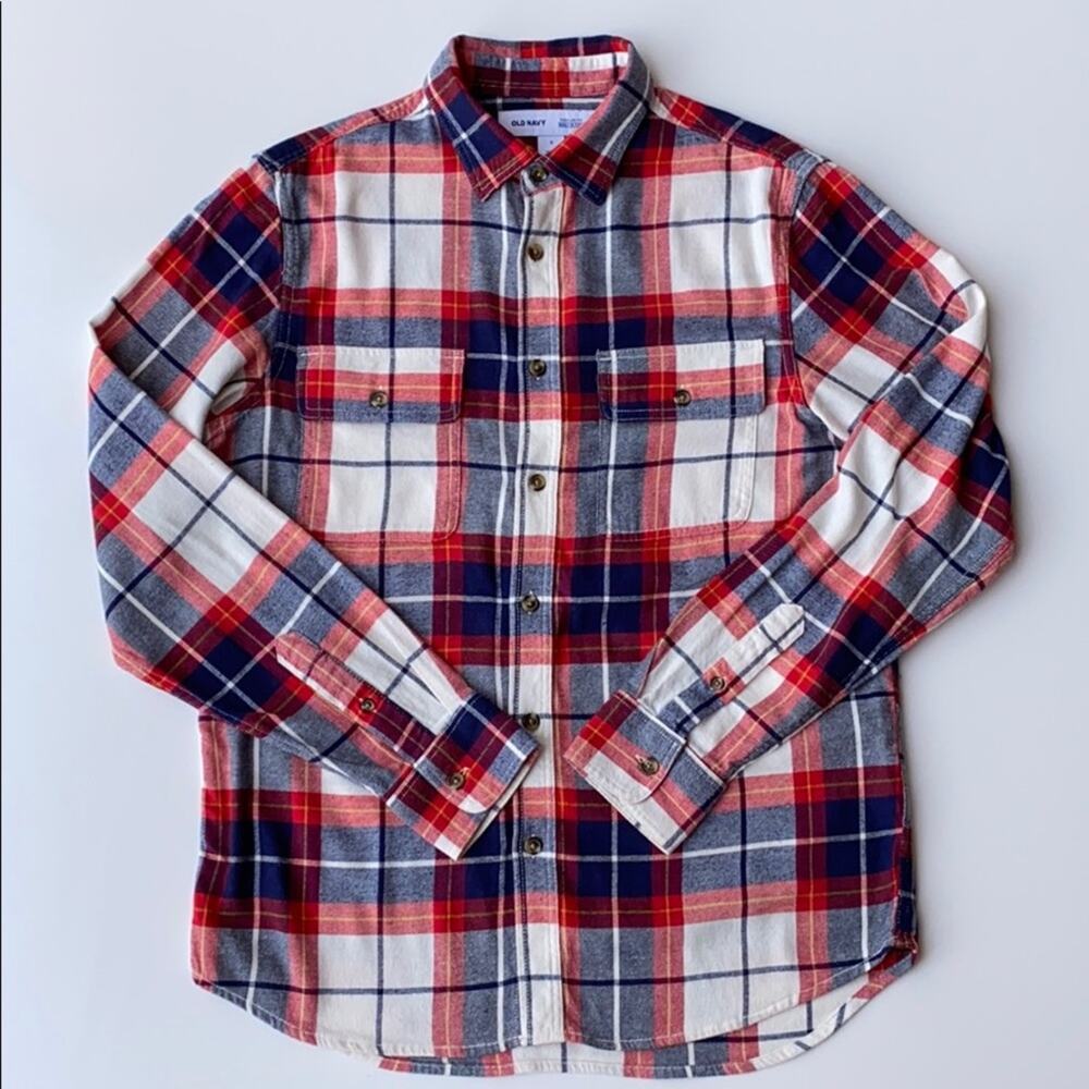 Old Navy Red White Navy Plaid Brushed Cotton Shirt